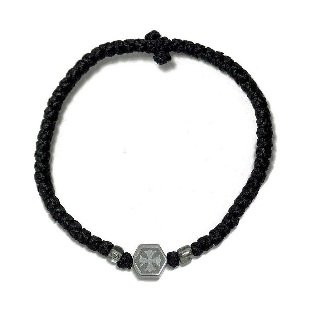 Black Handmade Prayer Rope with Hematite Cross Silver