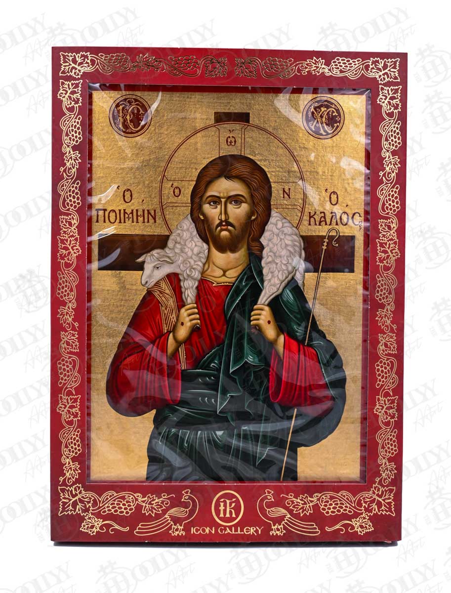 Jesus Christ The Good Shepherd Orthodox Icon, Serigraphy Canvas with Gold Leaf, Handmade Greek Byzantine Religious Wall Art