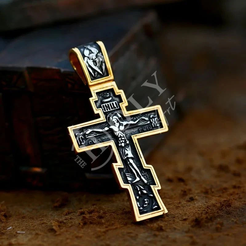 Jesus Cross Men's Stainless Steel Crucifix Eastern Orthodox Pendant Chain Necklace Jewelry BP8-515 - TheHolyArt