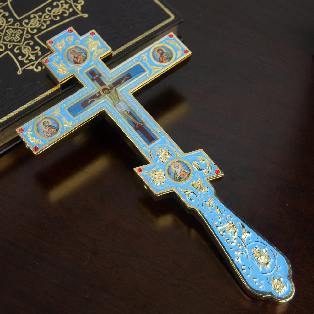 Handmade Orthodox Metal Cross, Jesus Crucifix Religious Prayer Corner Artware, Ceremony Ornate Cross Holding Cross with base - TheHolyArt