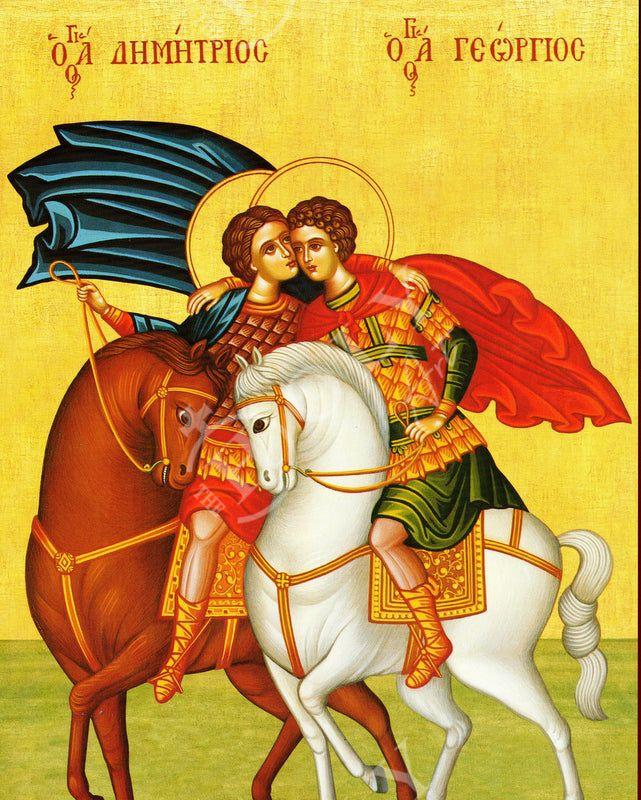 Saint George & Saint Demetrius icon, Handmade Greek Orthodox icon of St George, Byzantine art wall hanging icon wood plaque, religious decor TheHolyArt