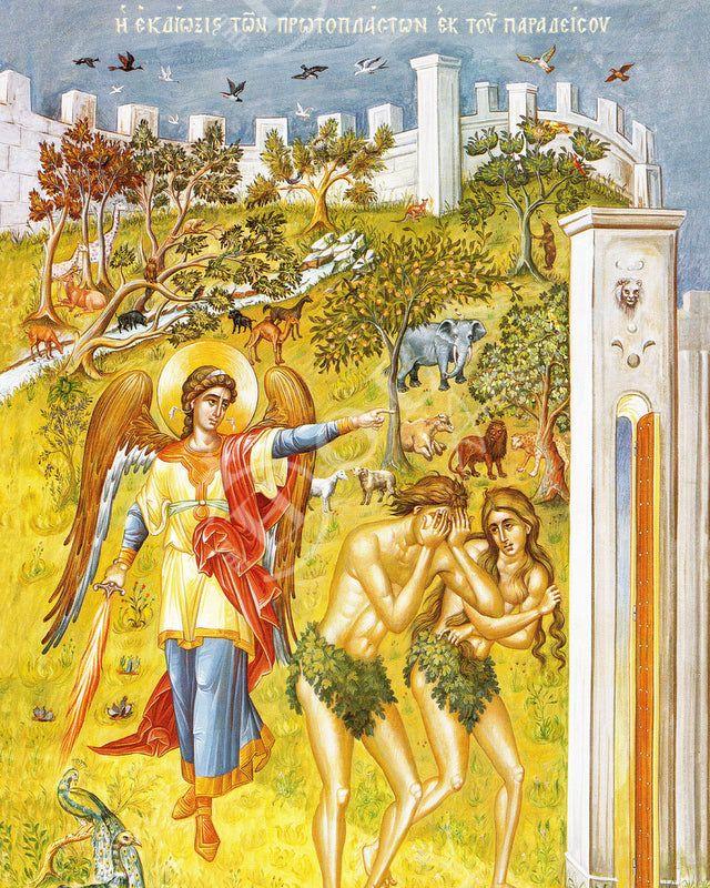 The Fall of Adam & Eve icon, Handmade Greek Orthodox icon Adam Eve sent out of Garden Byzantine religious art wall hanging on wood plaque - TheHolyArt