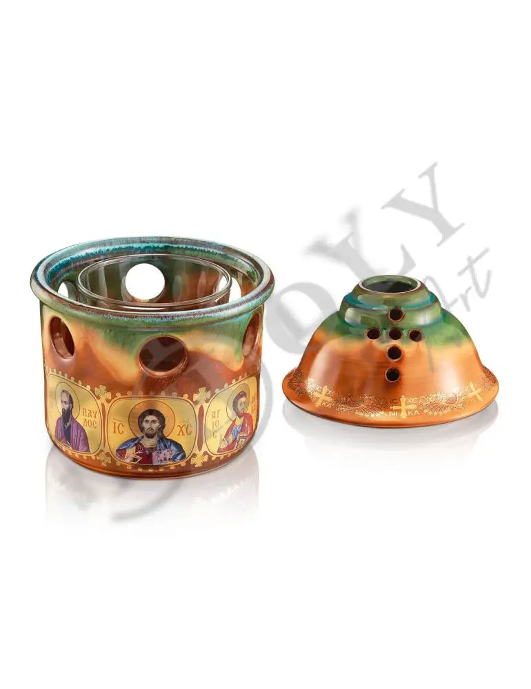 Christian Ceramic Handmade Altar Oil Vigil Lamp with Cross, Gold Printed Prayer Standing Table Oil Lamp Orthodox Oil Candle religious decor - TheHolyArt