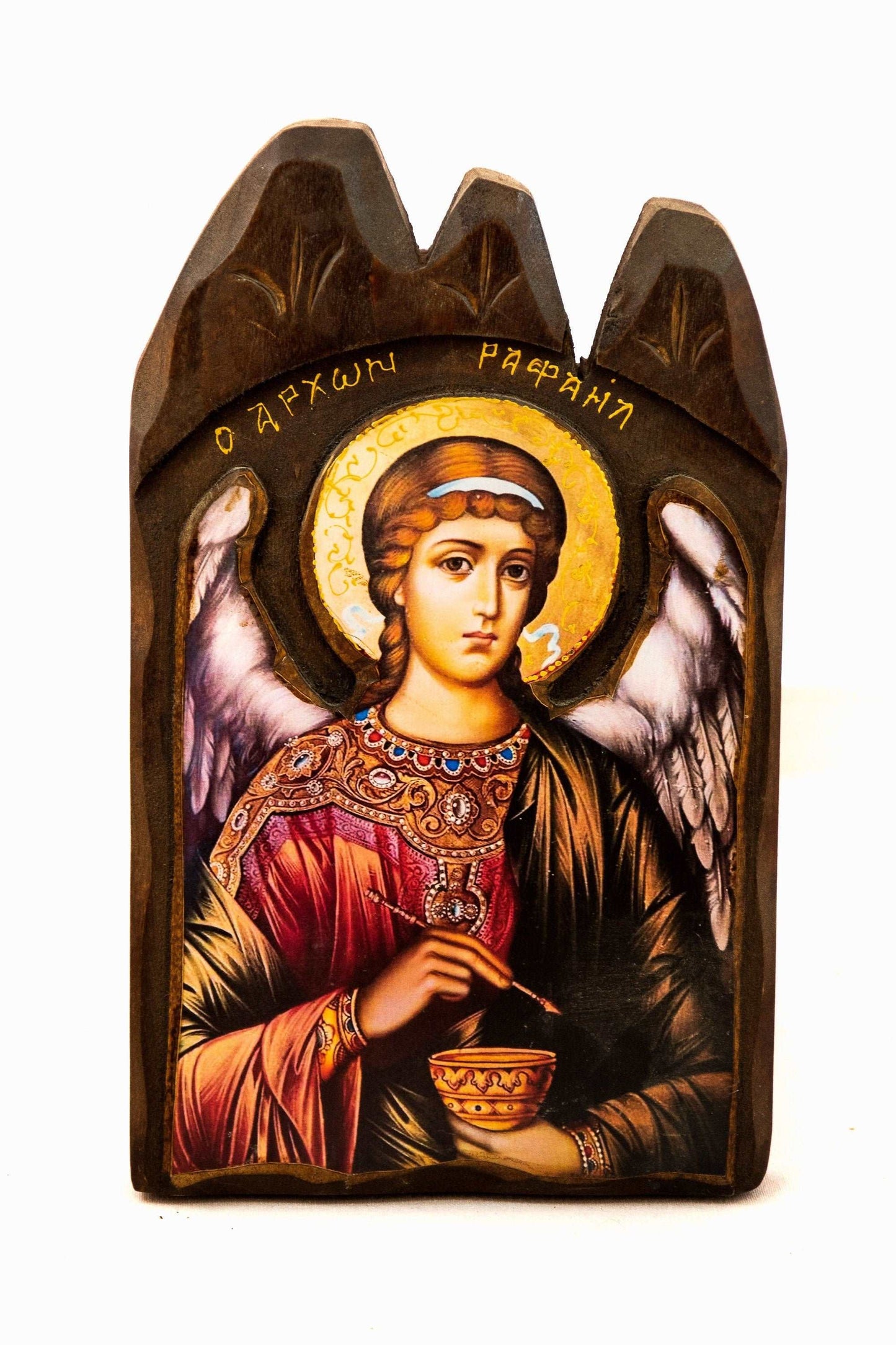 Archangel Raphael icon, Handmade Greek Orthodox icon, Byzantine art wall hanging wood plaque 38x25cm, religious decor TheHolyArt