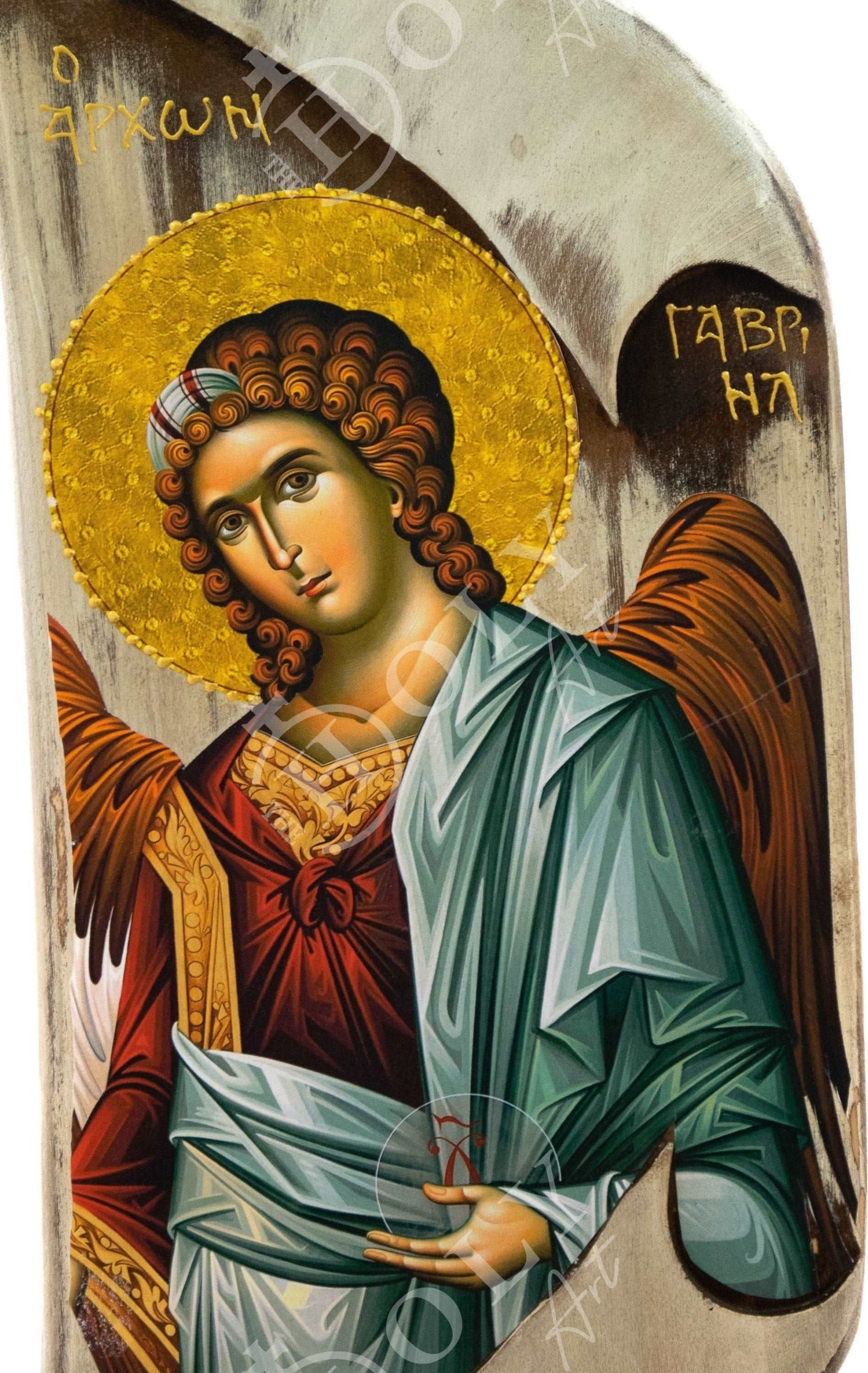 Archangel Gabriel icon, Handmade Greek Orthodox icon of St Gabriel, Byzantine art wall hanging on wood plaque 38x17cm, religious decor TheHolyArt