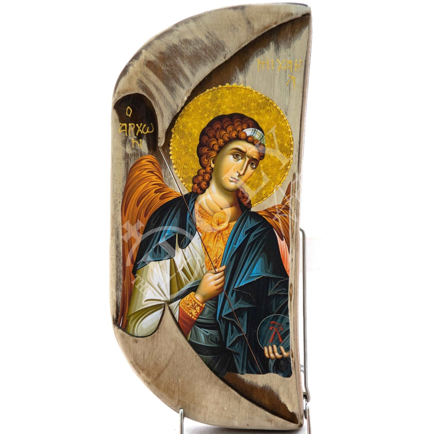 Archangel Michael icon, Handmade Greek Orthodox icon of St Michael, Byzantine art wall hanging on wood plaque 38x17cm, religious decor TheHolyArt