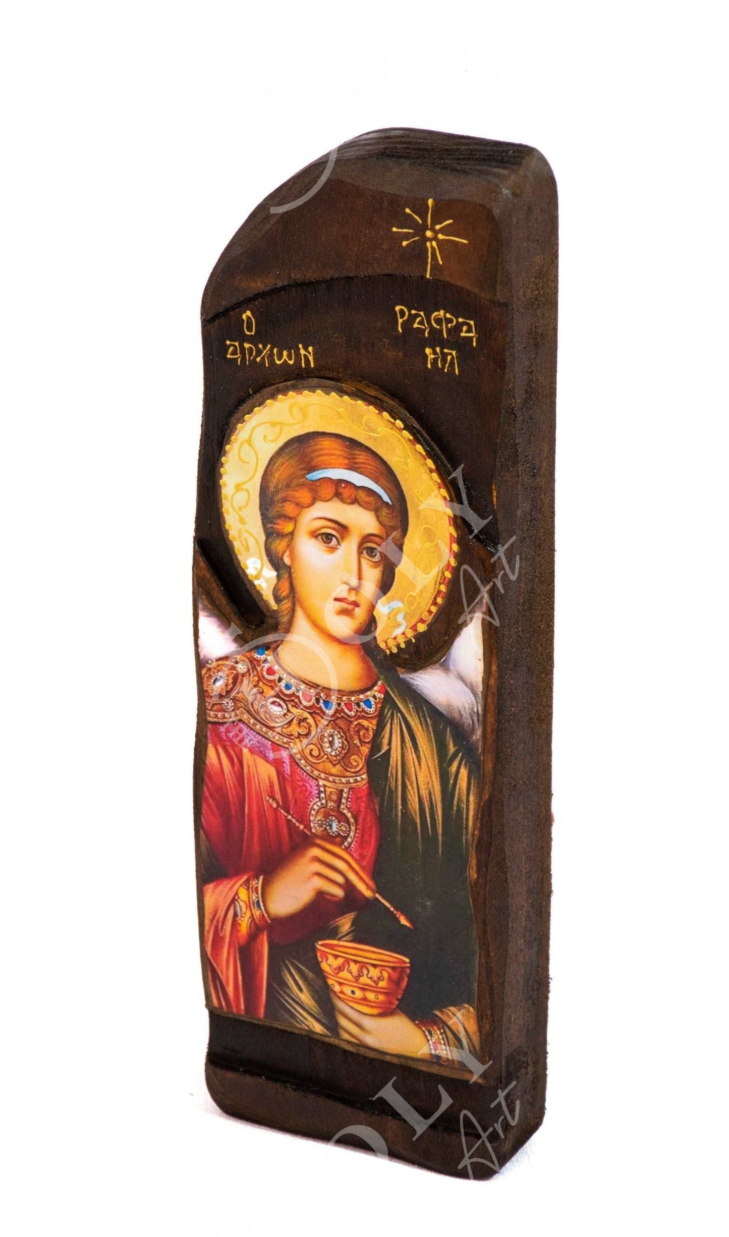 Archangel Raphael icon, Handmade Wooden Greek Orthodox icon, Byzantine art wall hanging icon on wood plaque, religious decor TheHolyArt