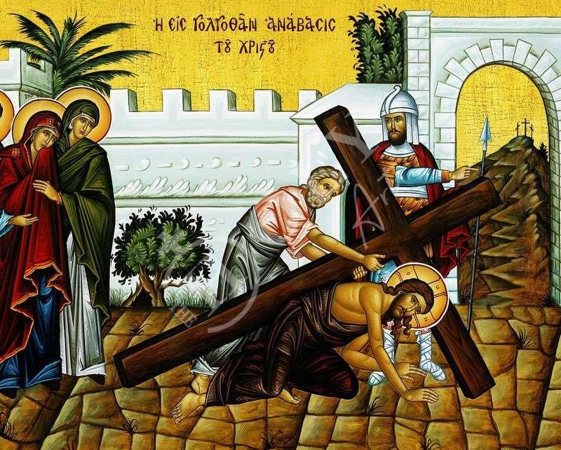 Ascent to Golgotha of Jesus Christ icon, Handmade Greek Orthodox icon Golgotha Triumph Byzantine art wall hanging wood plaque religious gift TheHolyArt