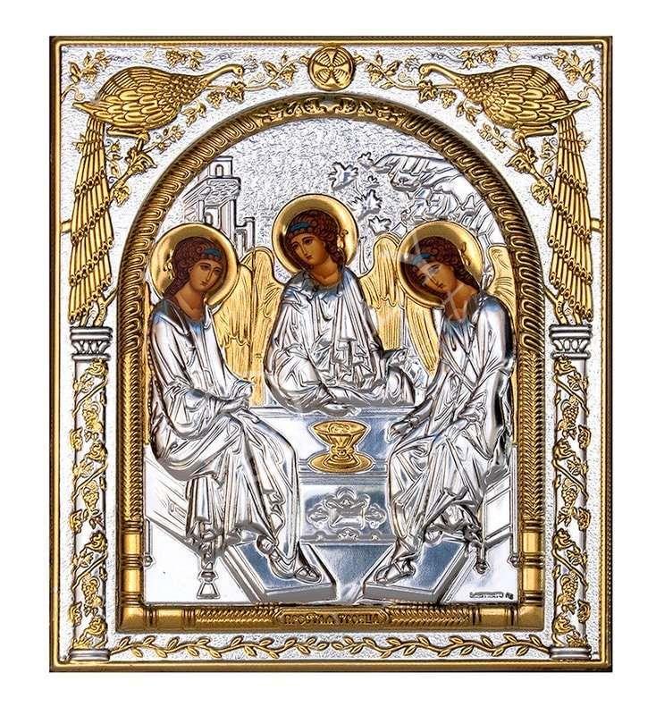 Abraham's Hospitality Rublev, Holy Trinity Handmade Silver 999 Greek Orthodox icon, Byzantine art wall hanging on wood plaque religious icon