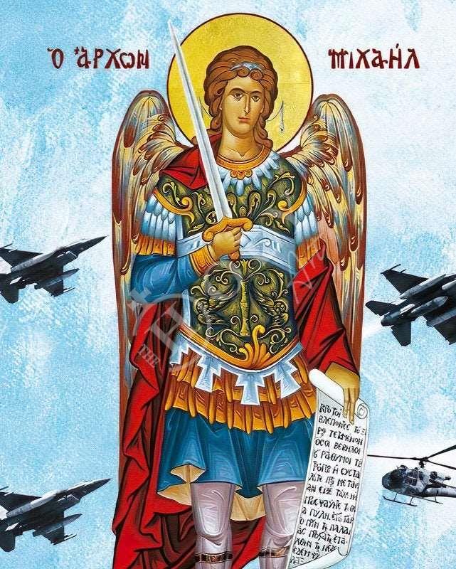 Archangel Michael icon, Handmade Greek Orthodox icon St Michael Protector of Air Force Byzantine art wall hanging wood plaque religious icon