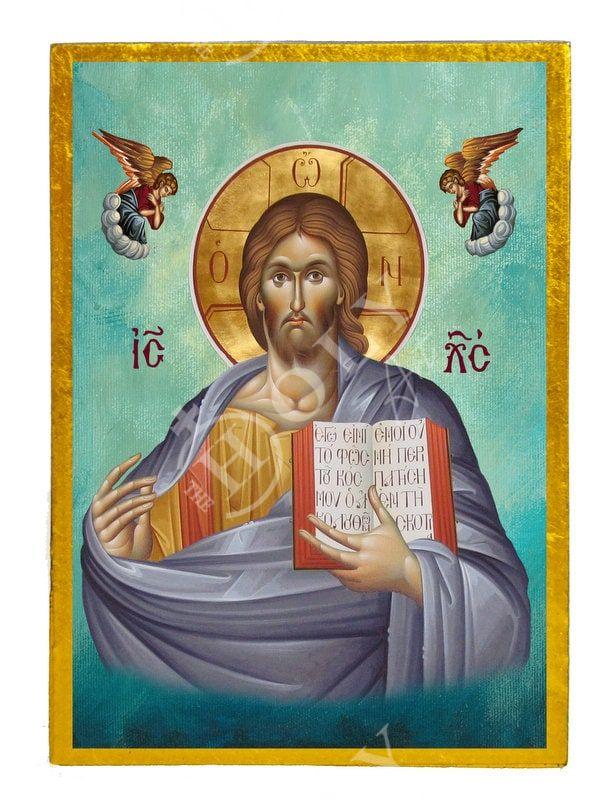 Jesus Christ icon, Handmade Greek Orthodox icon of our Lord, Byzantine art wall hanging on wood plaque, religious icon home decor