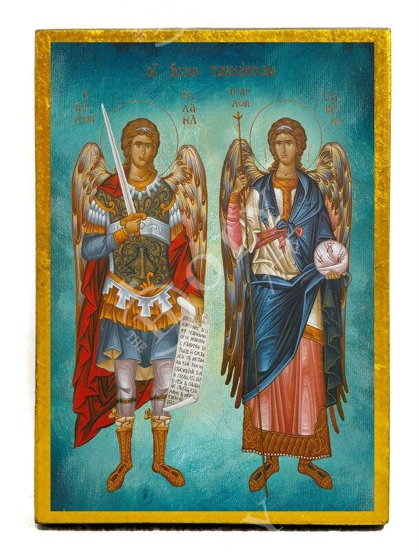 Archangel Michael & Archangel Gabriel icon, Byzantine Religious art wall hanging, Greek Catholic Orthodox icon wood plaque religious gift