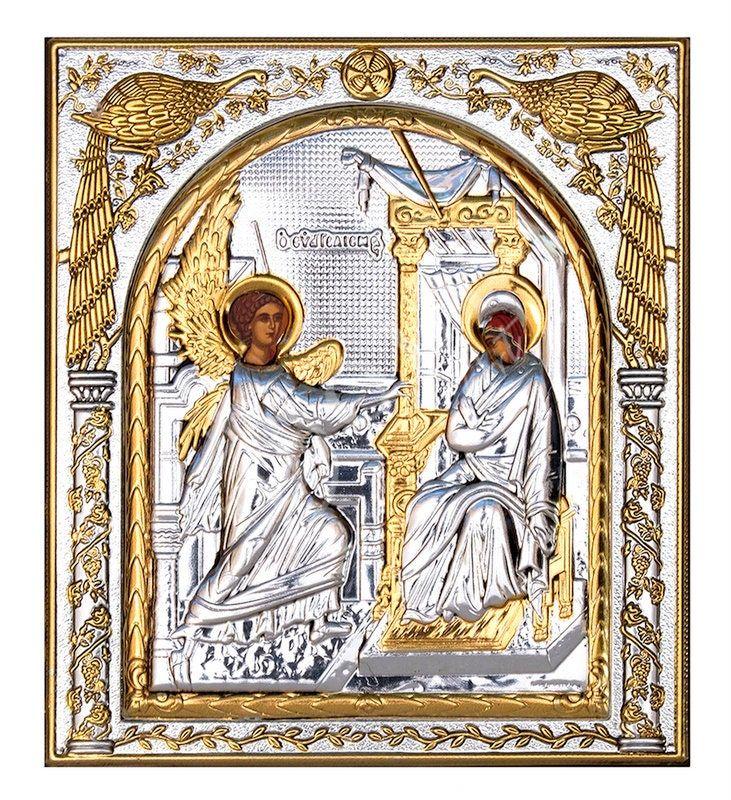 Virgin Mary icon Panagia Annunciation, Handmade Silver 999 Greek Orthodox icon, Byzantine art wall hanging on wood plaque religious icon