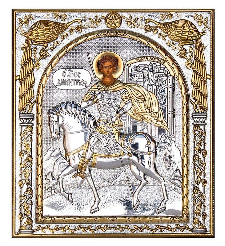 Saint Demetrius icon , Handmade Silver 999 Greek Orthodox icon of St Demetrios, Byzantine art wall hanging on wood religious plaque gift