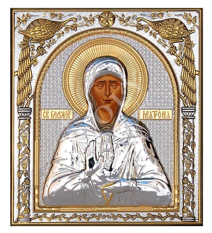 Saint Matrona icon, Handmade Silver 999 Greek Orthodox icon of St Matrona of Moscow, Byzantine art wall hanging on wood religious plaque
