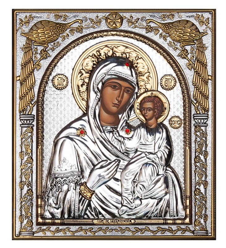 Virgin Mary icon Panagia Hodegetria, Handmade Silver 999 Greek Orthodox icon, Byzantine art wall hanging on wood plaque religious icon gift