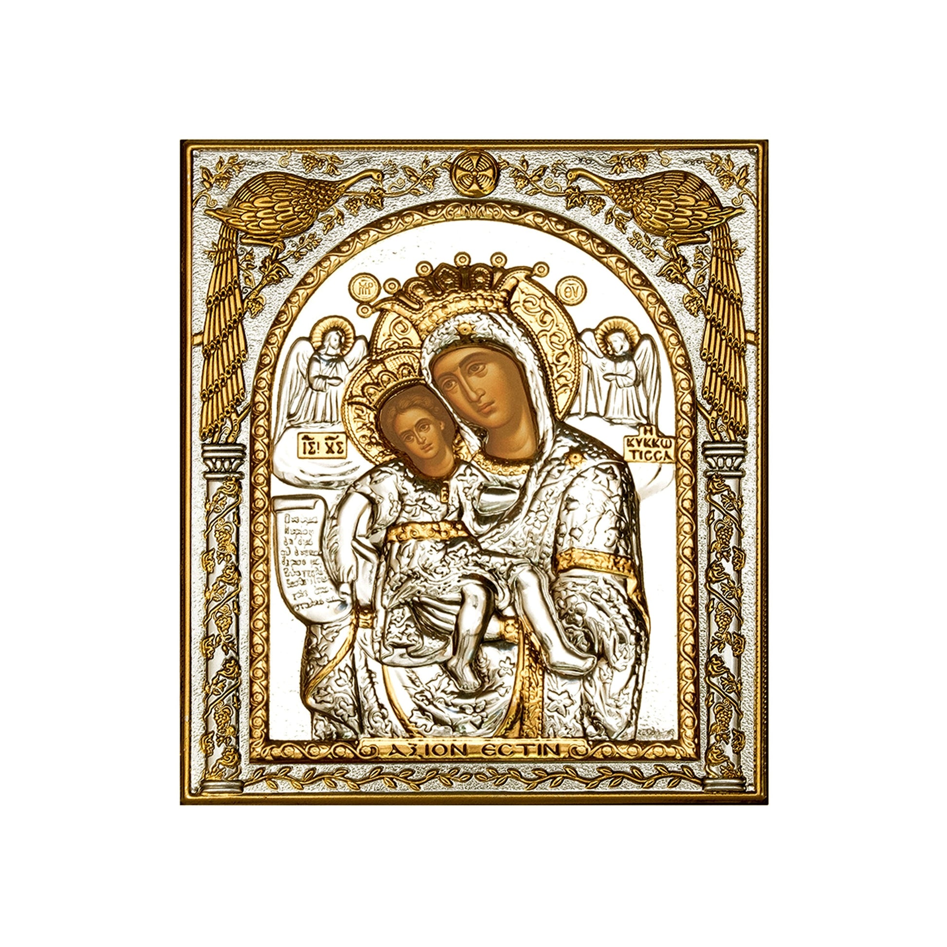 Virgin Mary icon Panagia Axion Esti, Handmade Silver 999 Greek Orthodox icon, Byzantine art wall hanging on wood plaque religious icon gift