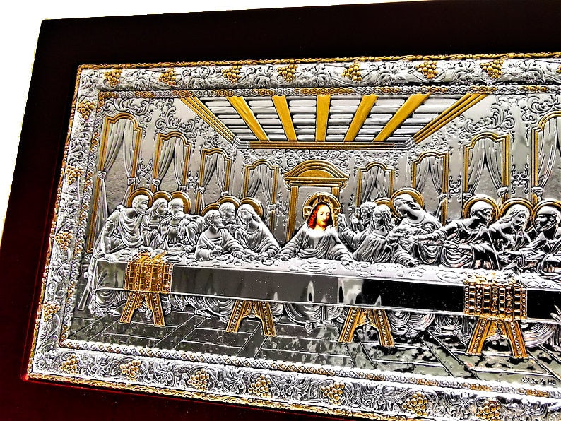 The Last Supper icon, Handmade Silver 999 Greek Orthodox icon, Byzantine art wall hanging on wood plaque icon, religious icon home decor