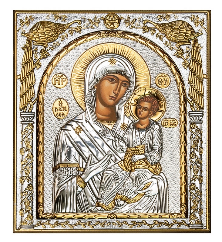 Virgin Mary icon Panagia Giatrissa, Handmade Silver 999 Greek Orthodox icon, Byzantine art wall hanging on wood plaque religious icon gift