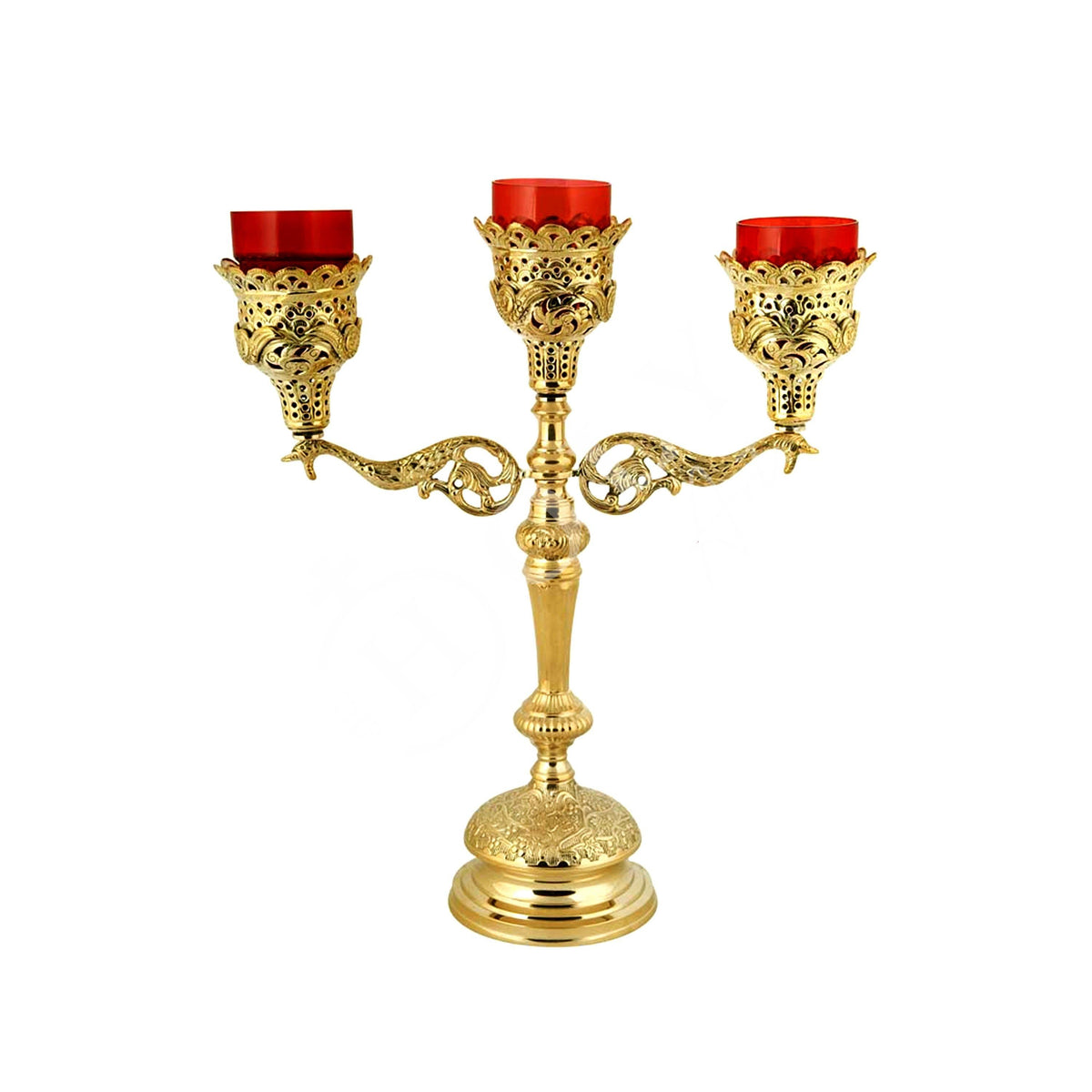 Christian Gold Plated Holy Altar 3-Vigil Oil Lamp Cross Candelabrum Prayer Standing Oil Lamp Religious Orthodox Oil Candle with glass cup - TheHolyArt