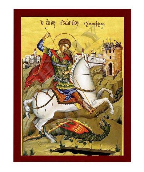 Saint George icon, Handmade Greek Orthodox icon of St George, Byzantine art wall hanging icon wood plaque, religious decor - TheHolyArt