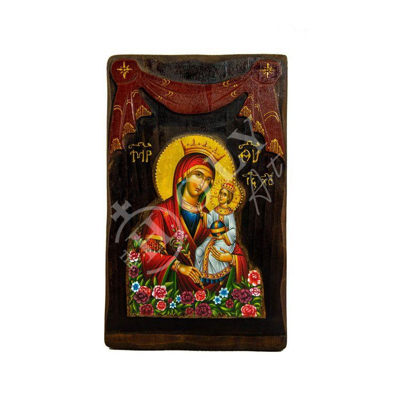 Virgin Mary icon Panagia Rose Amaranth, Handmade Greek Orthodox Icon, Mother of God Byzantine art Theotokos wall hanging wood plaque TheHolyArt