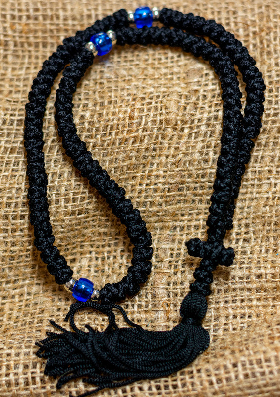 Blessed Handmade 100 Knots Prayer Rope Greek Russian Komboskoini Christian  Orthodox Black with Blue Beads And Black Cross from Mt Athos