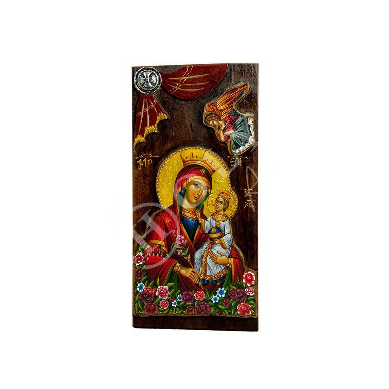 Virgin Mary icon Panagia Rose Amaranth, Handmade Greek Orthodox Icon, Mother of God Byzantine art Theotokos wall hanging wood plaque 38x18cm TheHolyArt