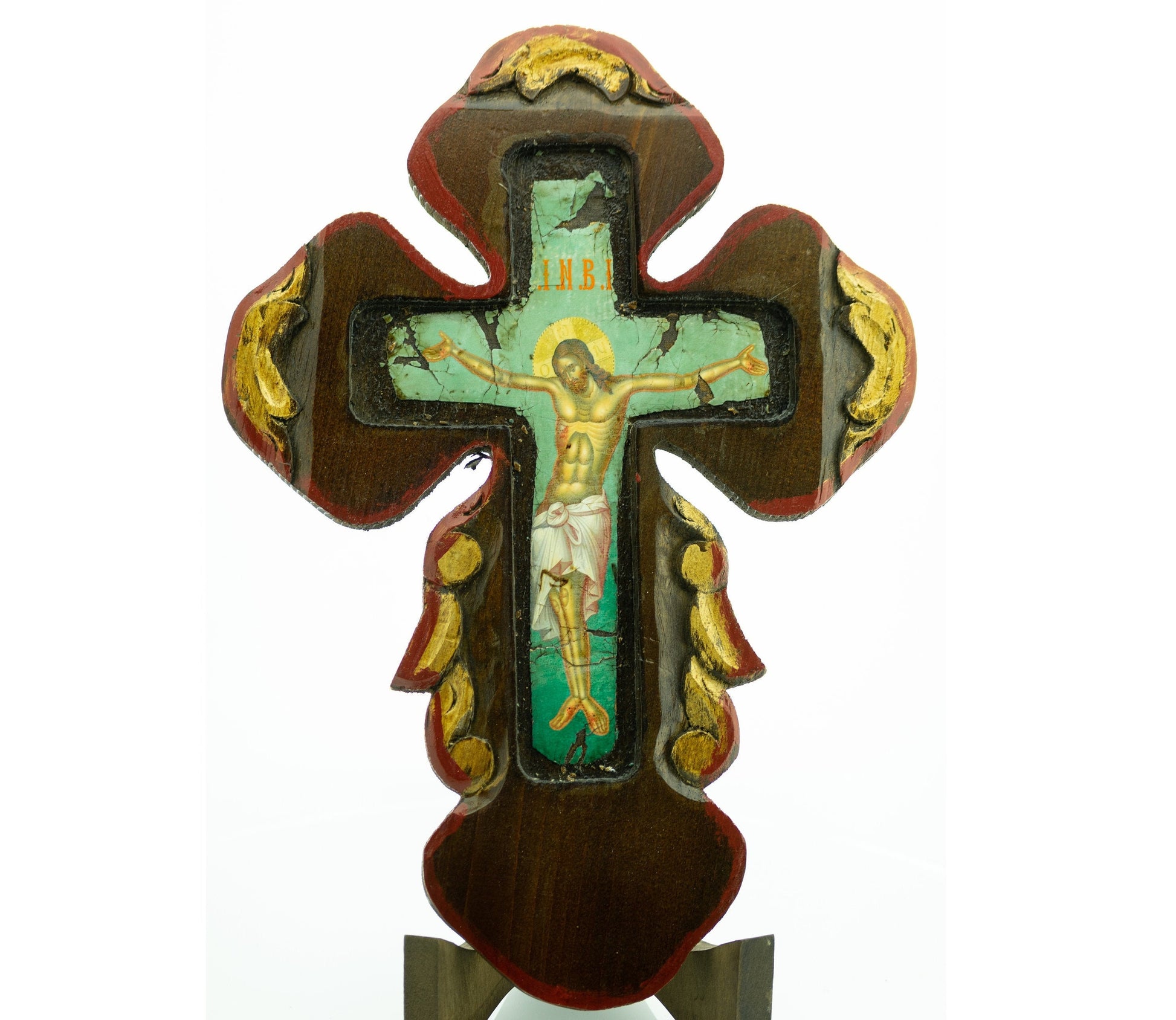 Crucifix Jesus Christ Cross, Blessing Cross, Byzantine art wall hanging, Greek Handmade Orthodox wooden Cross canvas icon 40x28cm TheHolyArt