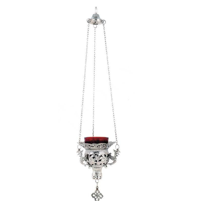 Christian Nickel Plated Hanging Oil Vigil Lamp with Cross Handmade Prayer Hanging Oil Lamp Orthodox Oil Candle w/ glass cup religious decor - TheHolyArt