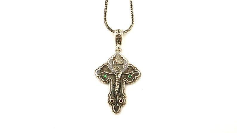 Silver Cross Necklace, Handmade Byzantine Greek Crucifix Pendant, Religious Gift Carved Silver 925 Cross Pendant Necklace w/ Green Emerald - TheHolyArt