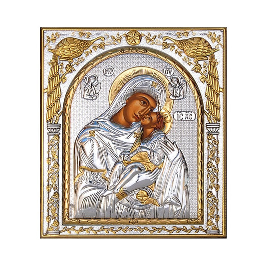 Virgin Mary icon Panagia Glykophilousa, Handmade Silver 999 Greek Orthodox icon, Byzantine art wall hanging on wood plaque religious icon