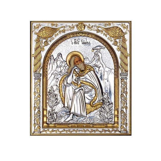 Saint Elijah icon , Handmade Silver 999 Greek Orthodox icon of St Elias Apocalypse, Byzantine art wall hanging on wood religious plaque gift