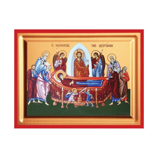 The Dormition of the Theotokos Serigraphy Icon, Handmade Greek Orthodox, Byzantine art wall hanging on carved wood, religious decor