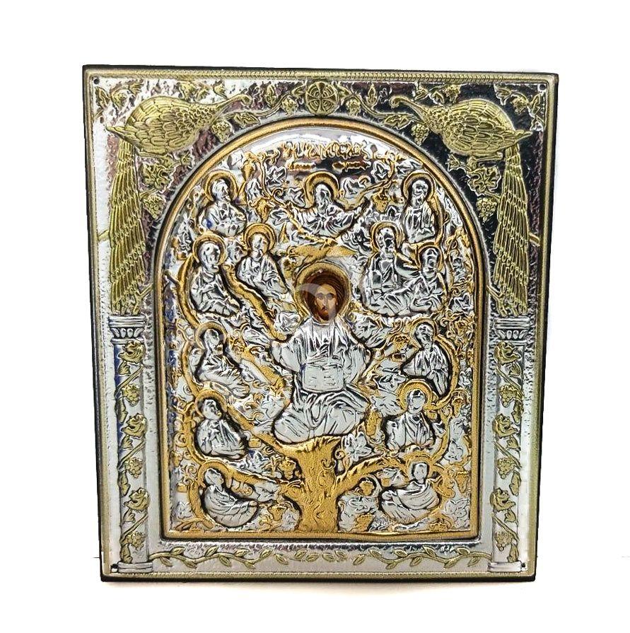 Jesus Christ icon with Apostles , Handmade Silver 999 Greek Orthodox icon of Ampelos True Vine, Byzantine art wall hanging religious plaque TheHolyArt