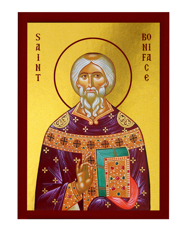 Saint Boniface icon, Handmade Greek Catholic icon St Bonifatius Apostle of Germans, Byzantine art religious wall hanging on wood plaque icon