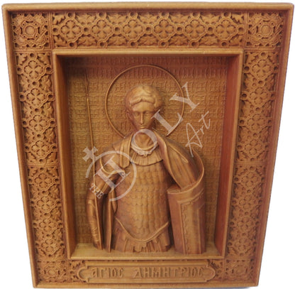 Saint Demetrius icon, Handmade Hand Carved Wooden Greek Orthodox icon of St Demetrios, Byzantine art wall hanging icon on wood plaque, religious decor - TheHolyArt