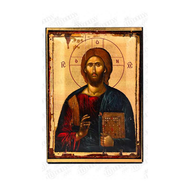 Aged Christ Pantocrator Orthodox icon, antiqued gold-leaf serigraphy on canvas, blessing and holding the closed jewelled Gospel
