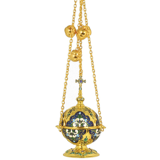 Hanging Church Censer with Blue or Red Floral Sphere - TheHolyArt