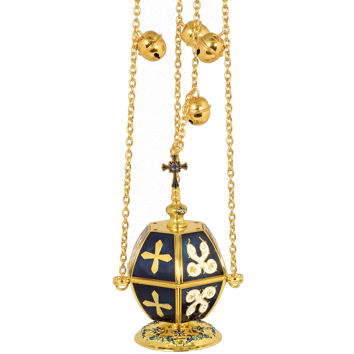 Hanging Church Censer with Blue Enamel Panels and Crosses - TheHolyArt
