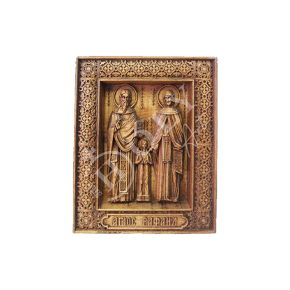 Saint Raphael Saint Nicholas Saint Irene icon Lesvos, Byzantine art wall hanging, Handmade Hand Carved Wooden Greek Orthodox icon wood plaque, religious gift - TheHolyArt