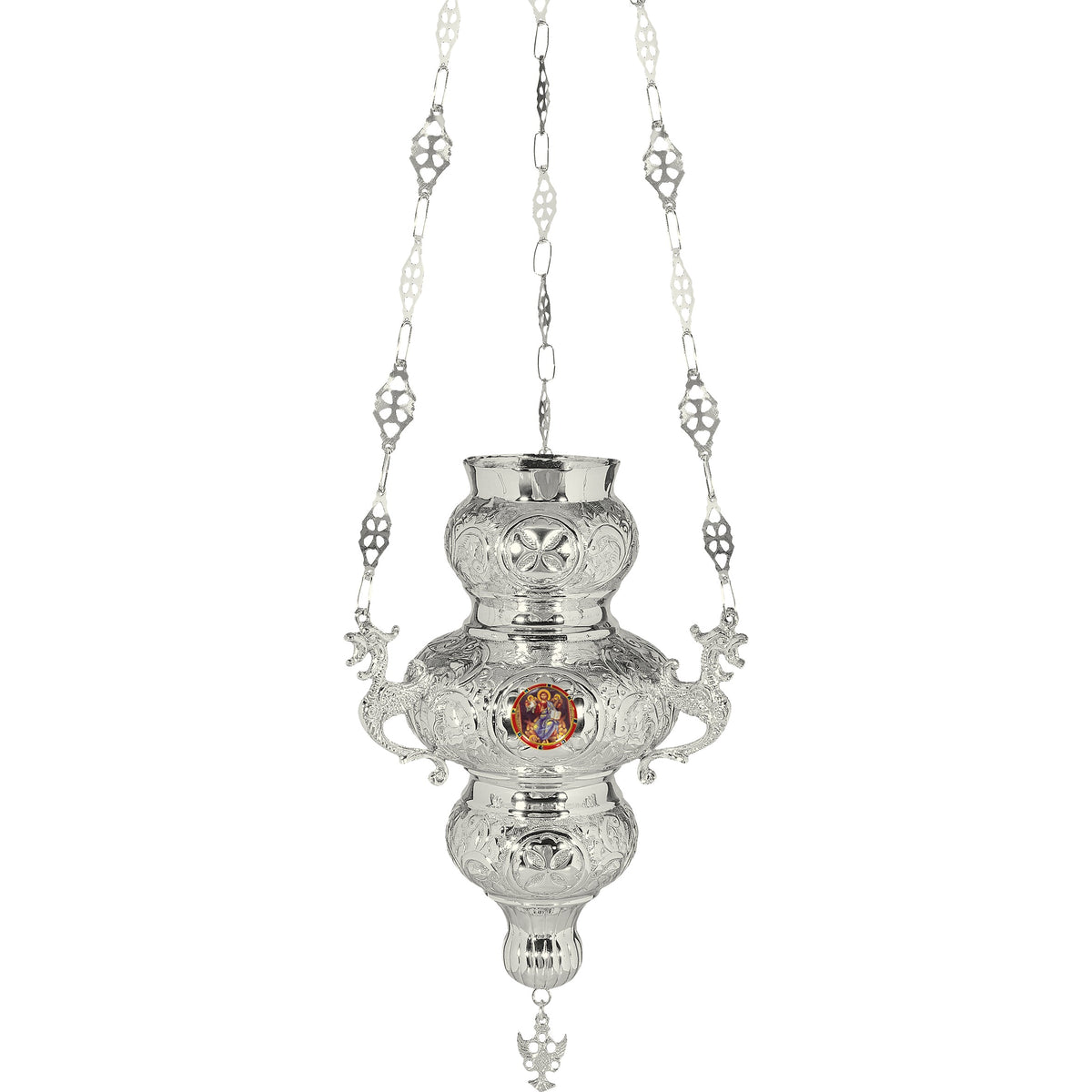 Hanging Vigil Lamp Silver-Plated with Enamel Medallion - TheHolyArt