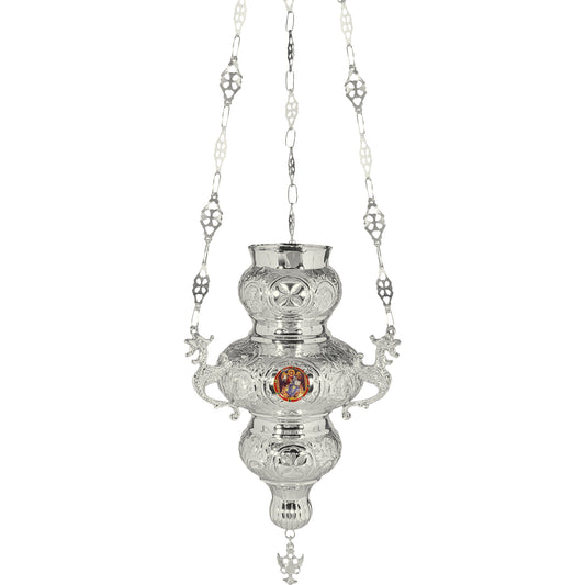 Hanging Vigil Lamp Silver-Plated with Enamel Medallion - TheHolyArt
