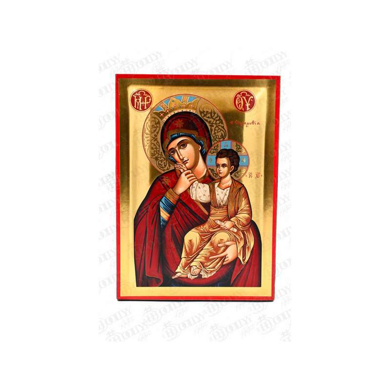 Panagia Paramythia Orthodox icon, gold serigraphy on canvas, the wonderworking Consolation of Vatopedi with the Christ-child