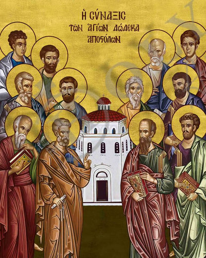 Synaxis of the Apostles icon, Handmade Greek Orthodox Icon of the Gathering of the 12 Apostles, Byzantine art wall hanging wood plaque (smooth) - TheHolyArt