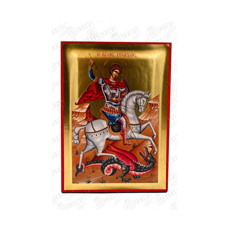 Saint George dragon slayer Orthodox icon, gold-leaf serigraphy on canvas, mounted on white horse