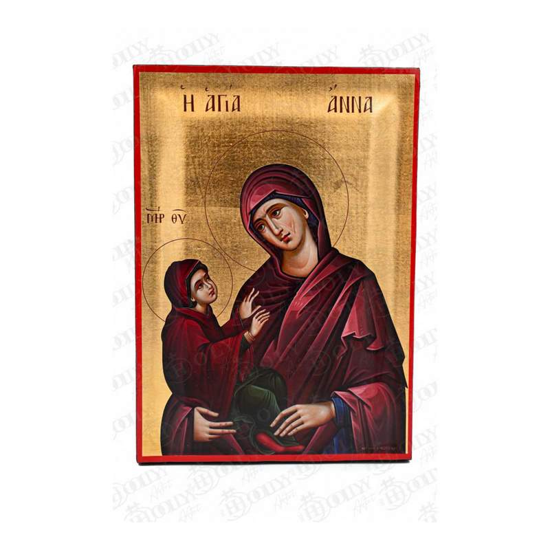 Saint Anna Orthodox icon, gold-leaf serigraphy on canvas, mother of the Theotokos holding the infant Virgin Mary