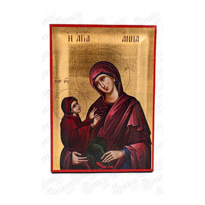 Saint Anna Orthodox icon, gold-leaf serigraphy on canvas, mother of the Theotokos holding the infant Virgin Mary