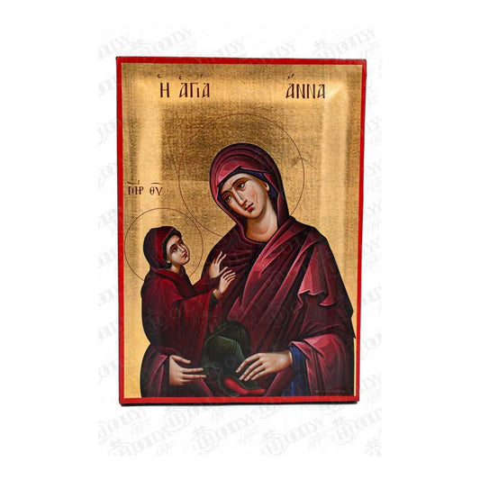 Saint Anna Orthodox icon, gold-leaf serigraphy on canvas, mother of the Theotokos holding the infant Virgin Mary
