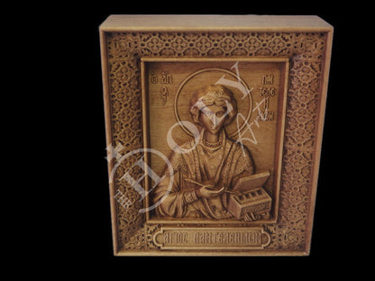 Saint Panteleimon icon, Greek Handmade Hand Carved Wooden Orthodox icon of Saint Pantaleon, Byzantine art wall hanging of San Pantaleone, religious gift - TheHolyArt